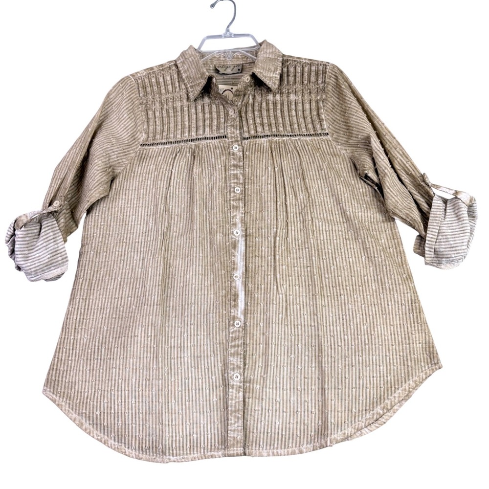 Vintage Goa M Green Button Down Shirt Smocked Lace Roll Tab Boho Coastal NWT